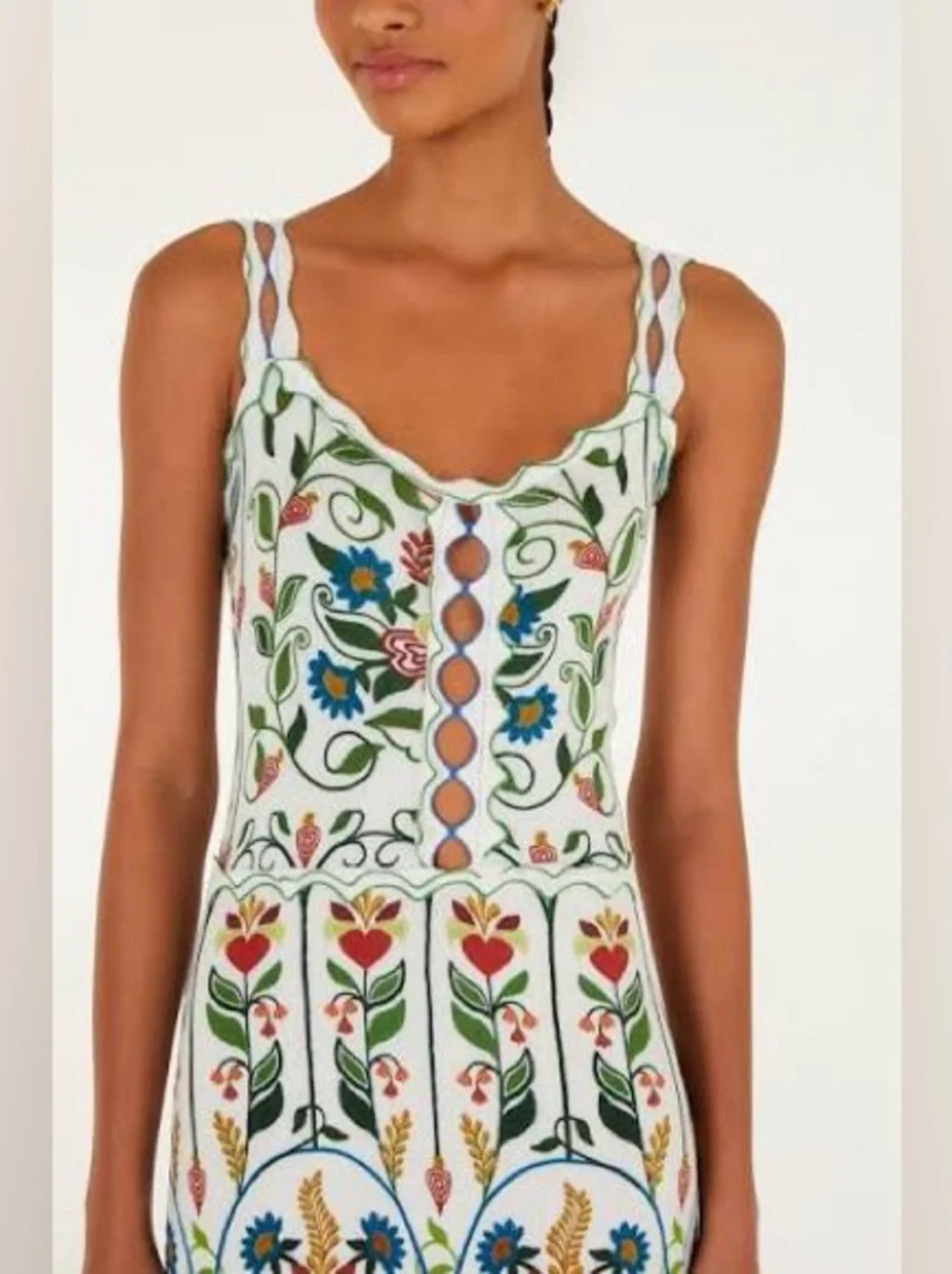 Farm Rio Garden Stitched sleeveless Floral Embroidered White Midi Dress, NWT